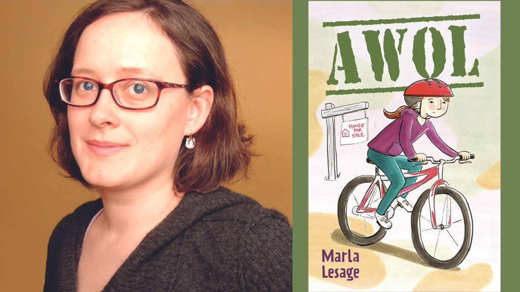 Image of author Marla Lesage next to book cover with girl riding a bike