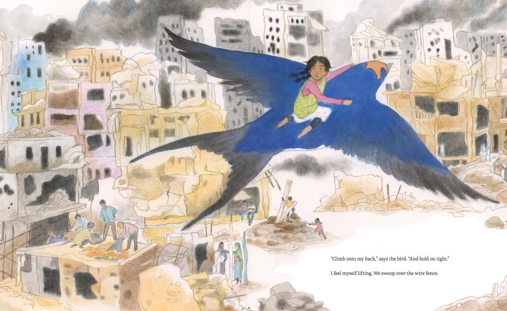 Illustration from the picture book Ayah and the Big World Outside. A young girl with dark hair in braids is flying on a blue swallow's back over a refugee camp.