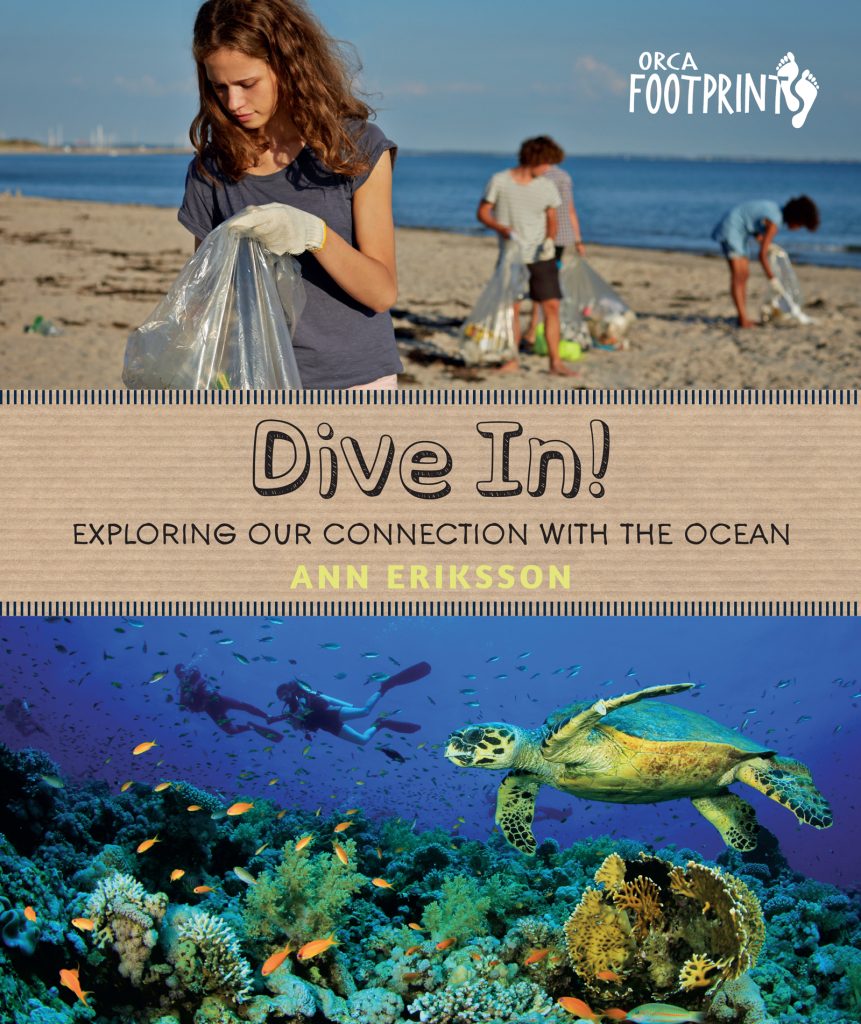 Dive In!: Exploring Our Connection with the Ocean. Top image is a beach where a children puts garbage in a plastic bag; the lower image shows two divers swimming in the background through blue water while in the foreground a big green sea turtle swims over a reef.