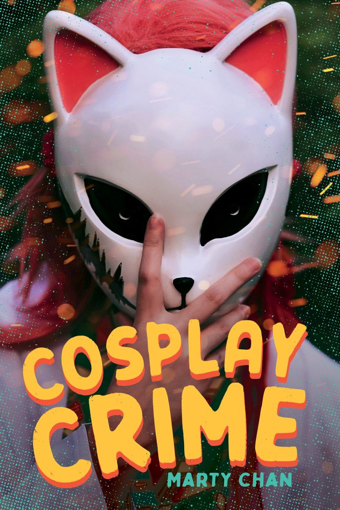 Cosplay Crime by Marty Chan. The head and shoulders of a figure with pink hair who holds a white full mask with cat-like features and pink ears over their face.
