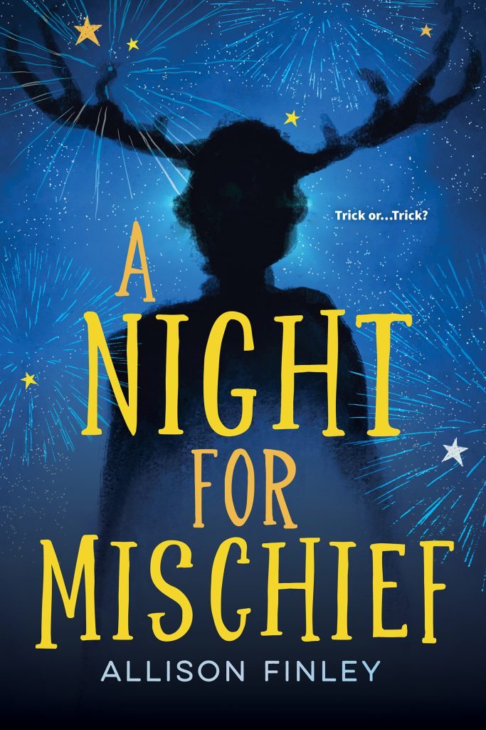 A Night for Mischief by Allison Finley. Trick or...Trick? Against a backdrop of stars and starbursts, a silhoutte of a human-shaped figure with huge antlers.