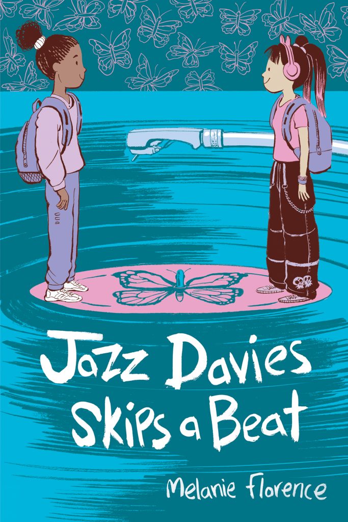 Jazz Davies Skips a Beat by Melanie Florence. An illustration in a graphic style of one girl wearing a backpack facing another wearing headphones with cat ears. They are standing on a giant record with a butterfly on the label.