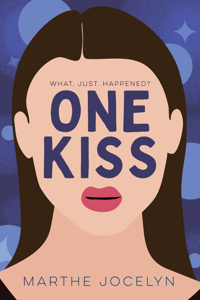 One Kiss by Marthe Jocelyn. A graphic image of a head of a young person with long hair. There are no facial features except for a pair of red lips. A tagline says “What. Just. Happened?”